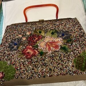Antique Soure Bag New York 1940/60s Beaded Floral Design Collectible